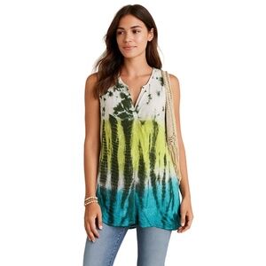 XCVI Tie Dye Sleeveless Tunic Top Green Blue Boho Crinkle Gauze Lagenlook Sz L
